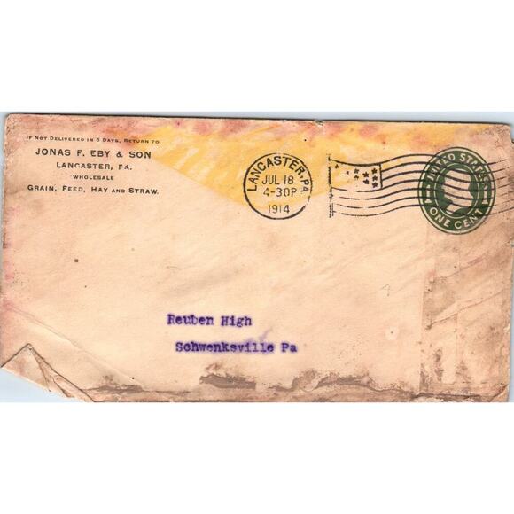 None Other - 1914 Jonas F. Eby  Reuben F. High Schwenksville Postal Cover Envelope TG7-PC2
